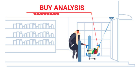 man customer pushing trolley cart security camera analyzing groceries surveillance cctv system buy analysis concept modern grocery store interior horizontal sketch doodle full length