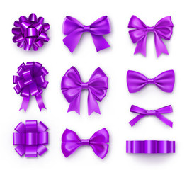 Purple gift bows with ribbons. Realistic decoration for holidays presents and cards. Elegant object from silk vector illustration. Valentines or birthday decor isolated on white background