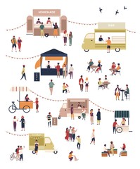 Fototapeta premium Street food festival with people walking among vans or stalls, buying and eating homemade meals at outdoor cafes or restaurant. Modern flat cartoon vector illustration for banner, poster for event.