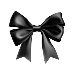 Decorative black bow with ribbon. Elegant silk accessory for female penitentials. Mourning design element isolated on white background. Realistic elegant object from silk vector illustration.