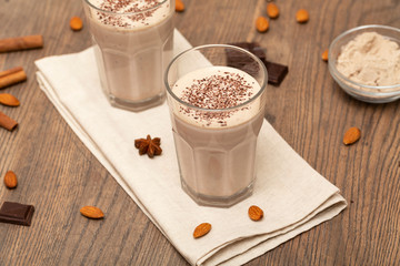 Healthy chocolate protein shake with almond milk. Delicious Healthy breakfast or snack. Selective focus