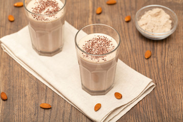 Healthy chocolate protein shake with almond milk. Delicious Healthy breakfast or snack. Selective focus