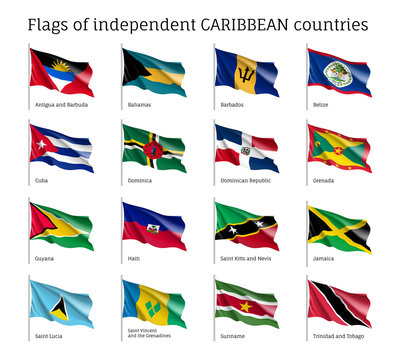 Wavy flags of independent Caribbean countries. Officially recognized flag of state on flagpole isolated on white background. Realistic national and political identity. Patriotic vector illustration.