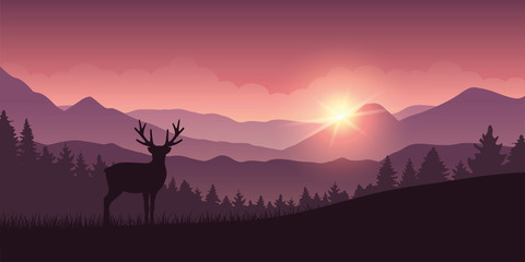 Fototapeta na wymiar reindeer in the mountains with forest landscape vector illustration EPS10