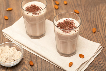 Healthy chocolate protein shake with almond milk. Delicious Healthy breakfast or snack. Selective focus