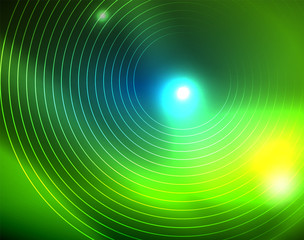 Blue neon circles, abstract circular lines. Glowing circle abstract pattern background