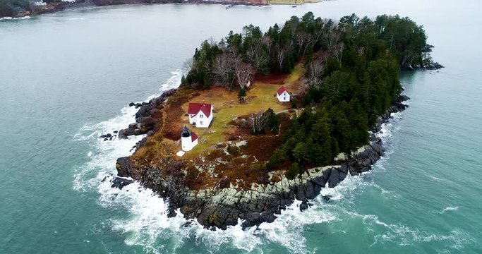 Aerial view of the Curtis island lighthouse in Camden Maine USA