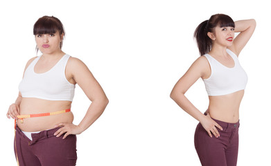 Comparison of women before and after weight loss. Diet and healthy nutrition. Liposuction results