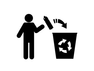 A conceptual illustration of the pollution of the world with plastic waste. Man throws a plastic bottle in the trash for recycling. Great icon for eco design.