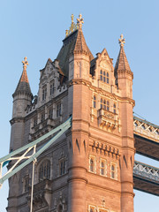 Close-up of Tower Bridge at sunset, London, UK.