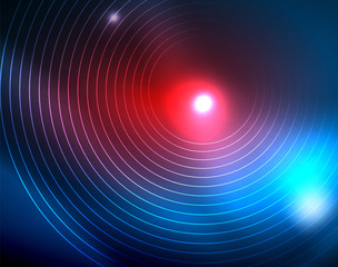 Blue neon circles, abstract circular lines. Glowing circle abstract pattern background