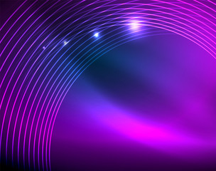 Blue neon circles, abstract circular lines. Glowing circle abstract pattern background