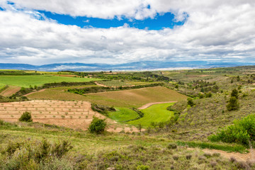 Fototapeta premium Scenic elevated May agricultural landscape on the Camino de Santiago, Way of St. James between Torres del Rio and Viana in Navarre, Spain