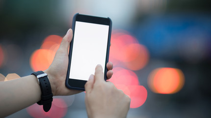 people hands use cellphone in city