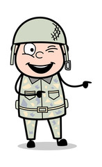 Winking Eye and Pointing - Cute Army Man Cartoon Soldier Vector Illustration
