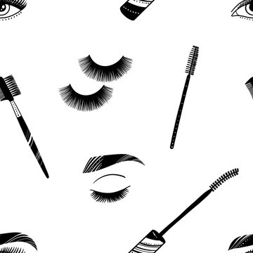 Seamless pattern with eyes, false eyelashes and make up brushes on white background. Make up and beauty products.