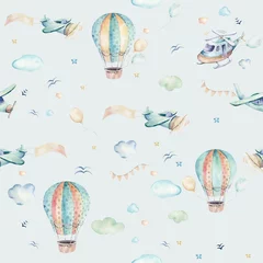 Papier Peint photo Animaux avec ballon Illustration d& 39 arrière-plan à l& 39 aquarelle d& 39 un dessin animé mignon et d& 39 une scène de ciel fantaisie avec des avions, des hélicoptères, des avions et des ballons, des nuages. Modèle sans couture de garçon. C& 39 est une conception de douche