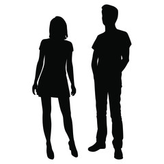 Vector silhouettes of man and woman standing, business group, couple, people, different poses,  black color, isolated on white background