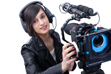 young woman with professional video camera, dslr, on white