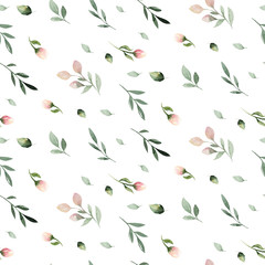 Watercolor Seamless hand illustrated floral pattern with floral leaf and pink flowers. Watercolor boho spring wallpaper botanical background textile