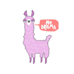 Lama. No drama. Cartoon animal. Lettering. Isolated vector object on white background.
