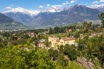 View on Castle Trauttmansdorff between a green Alps landscape and botanical garden of Meran. Merano, Province Bolzano, South Tyrol, Italy. - obrazy, fototapety, plakaty