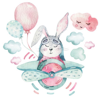 Hand drawing fly cute easter pilot bunny watercolor cartoon bunnies with airplane in the sky. Turquoise watercolour animal rabbit flying art flight illustration