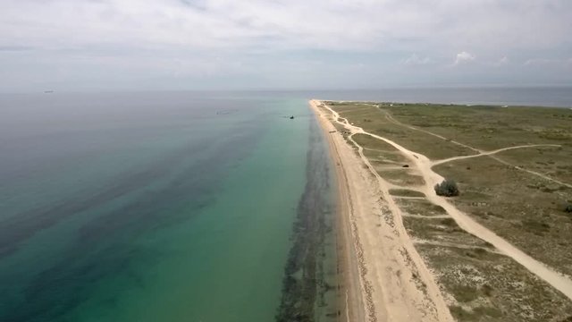Aerial shot of great stunning beach in Epanomi Thessaloniki Greece, move forward by drone