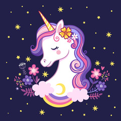 Cute unicorn on a purple background with stars and flowers.