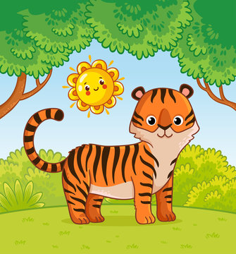 Tiger stands in the forest in the summer.
