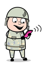 Fototapeta premium Communicating Through Mobile - Cute Army Man Cartoon Soldier Vector Illustration