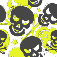cool and creative grunge seamless pattern with skulls and stars, the flat shapes contain trendy neon green and gray colors, ideal for print, textile, web, and other designs, eps10 vector illustration - 265099301