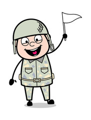 Holding a Flag and Smiling - Cute Army Man Cartoon Soldier Vector Illustration