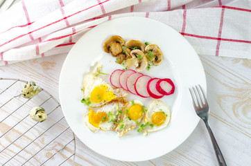 Healthy breakfast with quail eggs, radish, mushrooms and microgreens. Diet on a plate