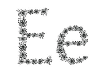 Hand drawn flowers form a Letter E. Black vector illustration on white background