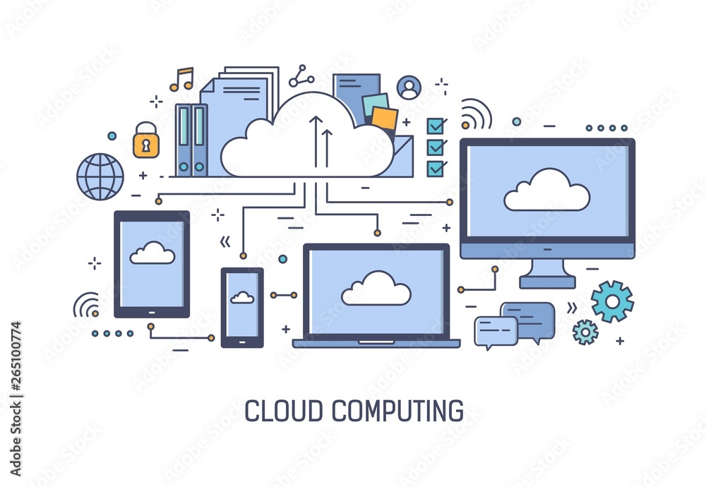 Poster Web banner template with networked electronic devices. Cloud computing technology, information or files storage, data processing service. Colorful vector illustration in modern line art style.