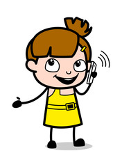 Having Conversation with Friend on Call - Cute Girl Cartoon Character Vector Illustration
