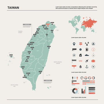 Vector map of Taiwan. High detailed country map with division, cities and capital Taipei. Political map,  world map, infographic elements.