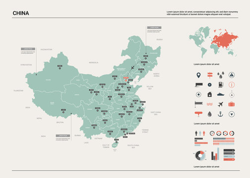 Vector map of China. High detailed country map with division, cities and capital Beijing. Political map,  world map, infographic elements.