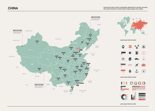 Vector map of China. High detailed country map with division, cities and capital Beijing. Political map, world map, infographic elements.