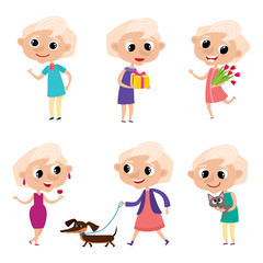 Vector set of grandmother in cartoon style isolated on white.