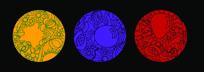 Set of three round backgrounds with hand drawn multicolored balloons