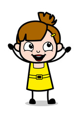 Raising Hands in Happiness - Cute Girl Cartoon Character Vector Illustration