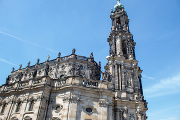Fototapeta na wymiar Dresden, Germany, restored Baroque architecture. Pompous and majestic city streets, tourists and transport on the holiday of Easter.