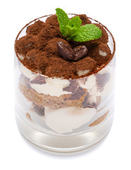 Classic tiramisu dessert in a glass isolated on a white background with clipping path