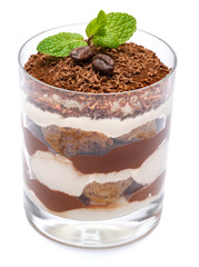 Classic tiramisu dessert in a glass isolated on a white background with clipping path