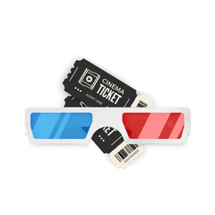 Couple cinema tickets an 3d paper glasses with red and blue glass. Vector illustration