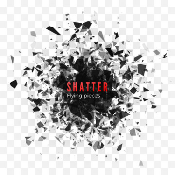 Shatter and destruction effect. Abstract cloud of pieces and fragments after explosion. Vector illustration isolated on transparent background