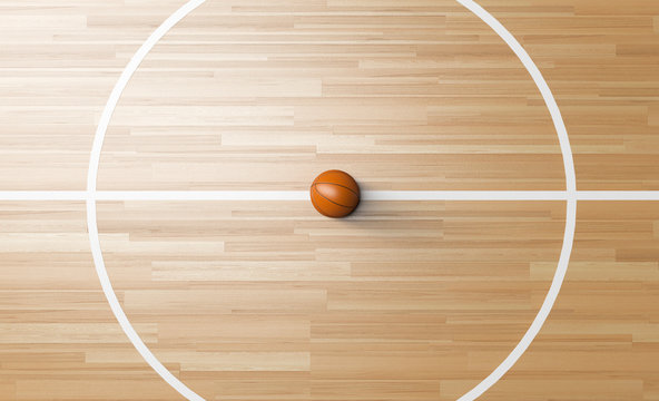 Basketball at the center of Wooden Court 3D rendering
