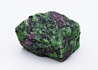 Ruby corindone in green Fuchsite Monolith Specimen mineral stone on white limbo background